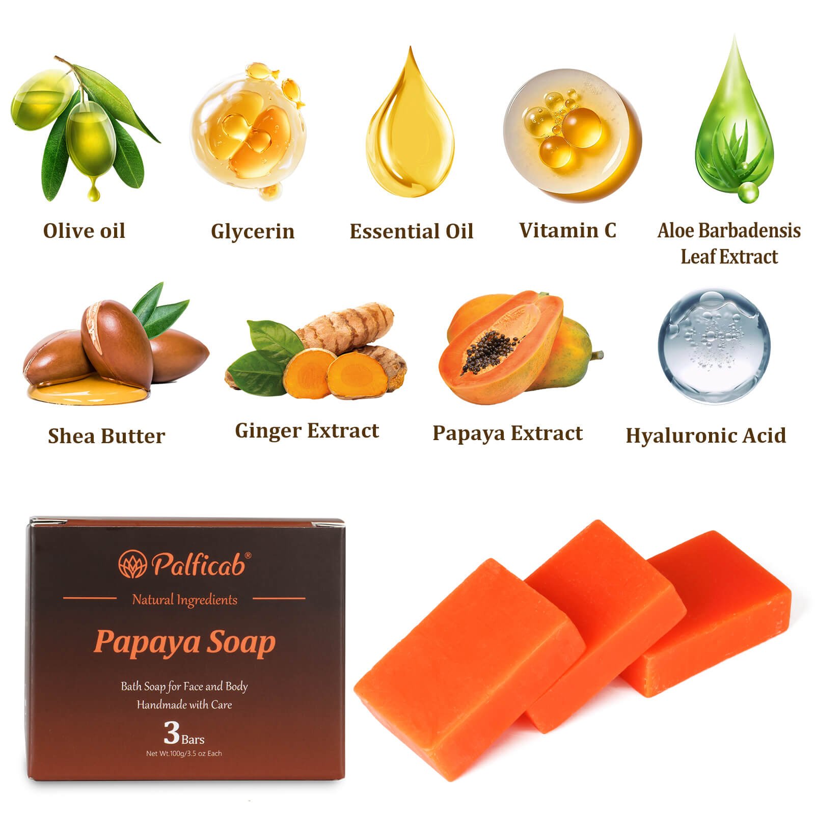 PALFICAB Papaya Soap – Exfoliating & Moisturizing Natural Bar (3 Bars + Net)