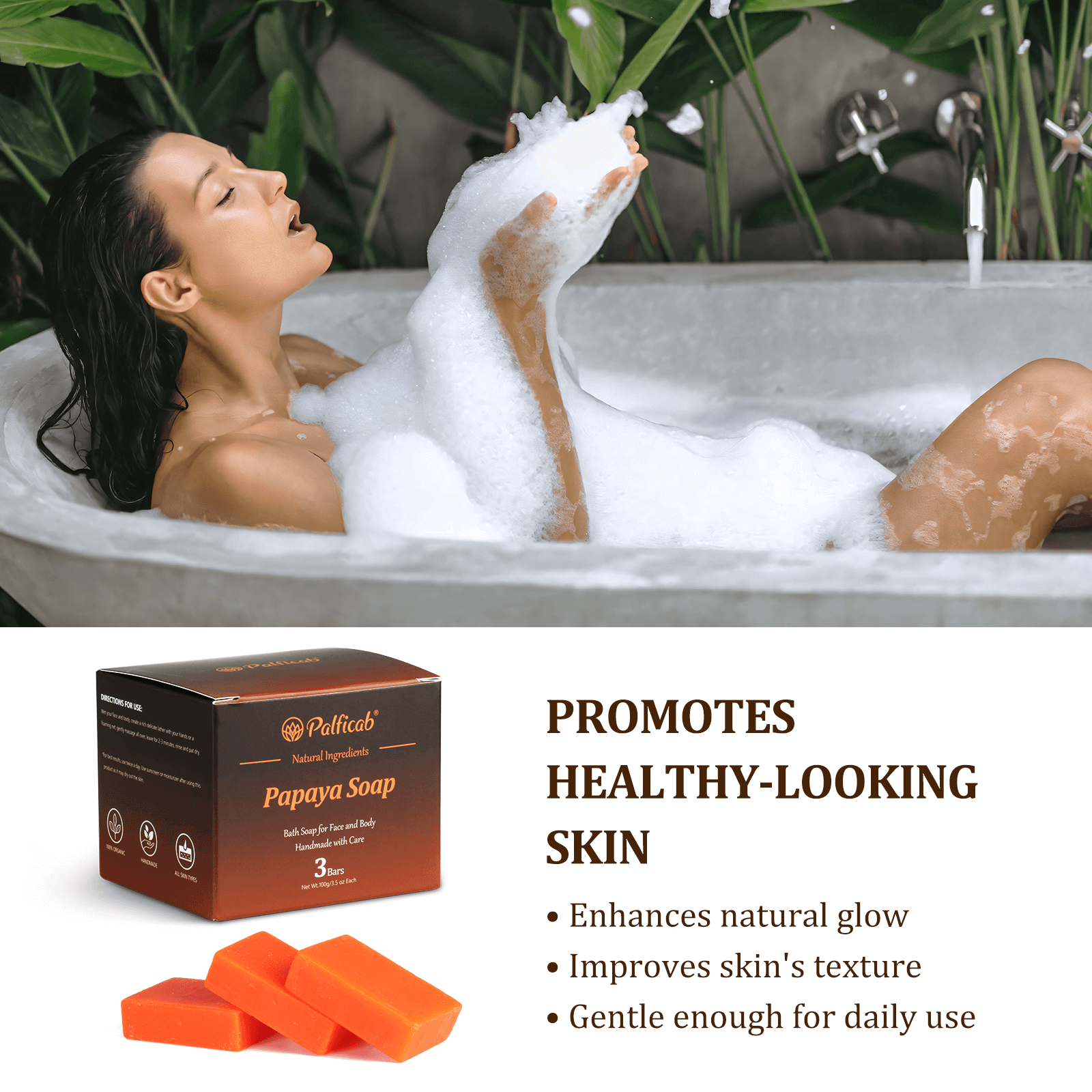 PALFICAB Papaya Soap – Exfoliating & Moisturizing Natural Bar (3 Bars + Net)