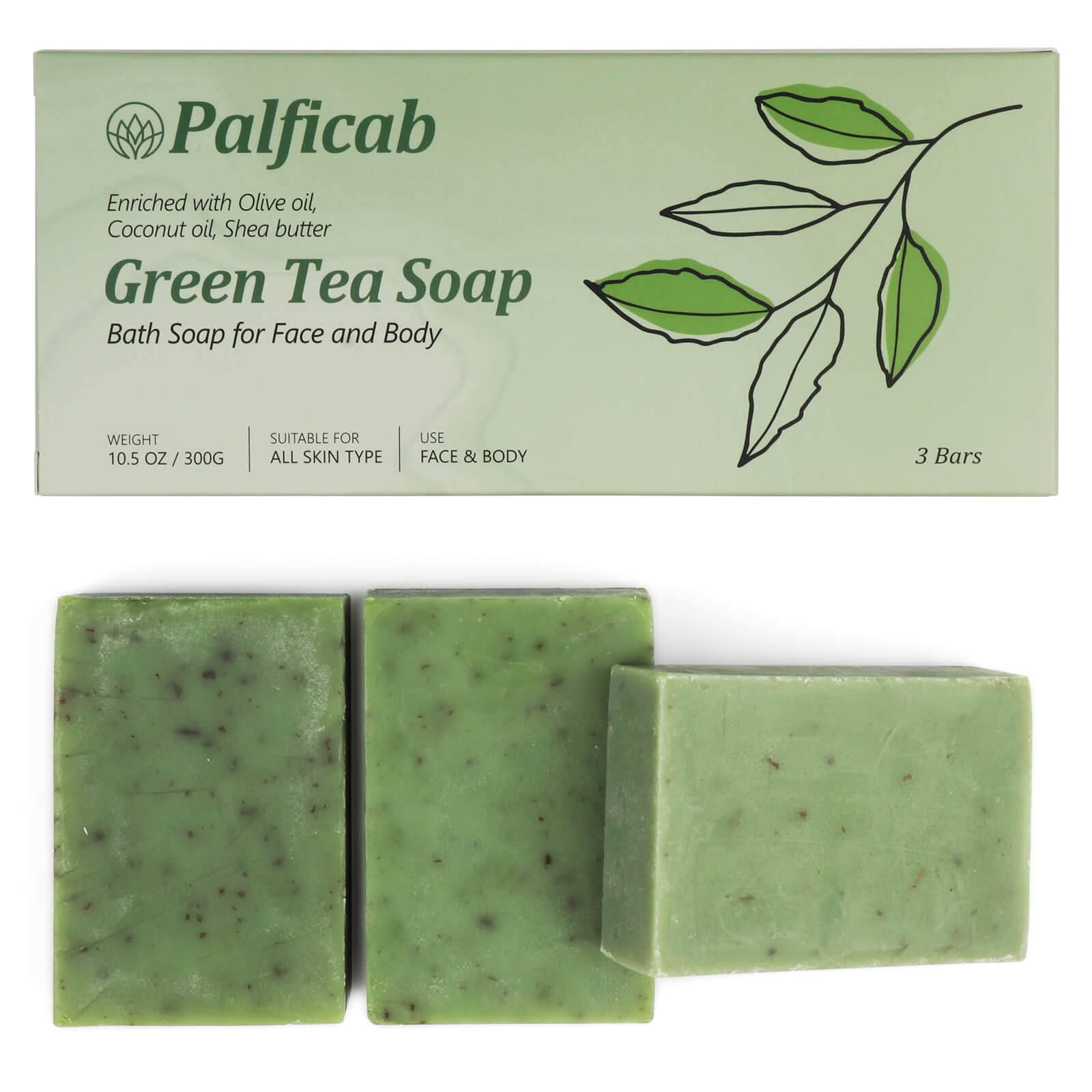 PALFICAB Green Tea Soap – Antioxidant Cleanser for Acne & Dry Skin (3 Bars)