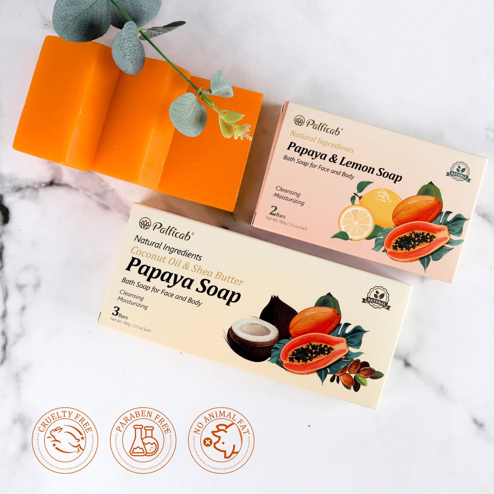 PALFICAB Papaya Lemon Soap – Exfoliating & Brightening Natural Bar (2 Bars + Net)