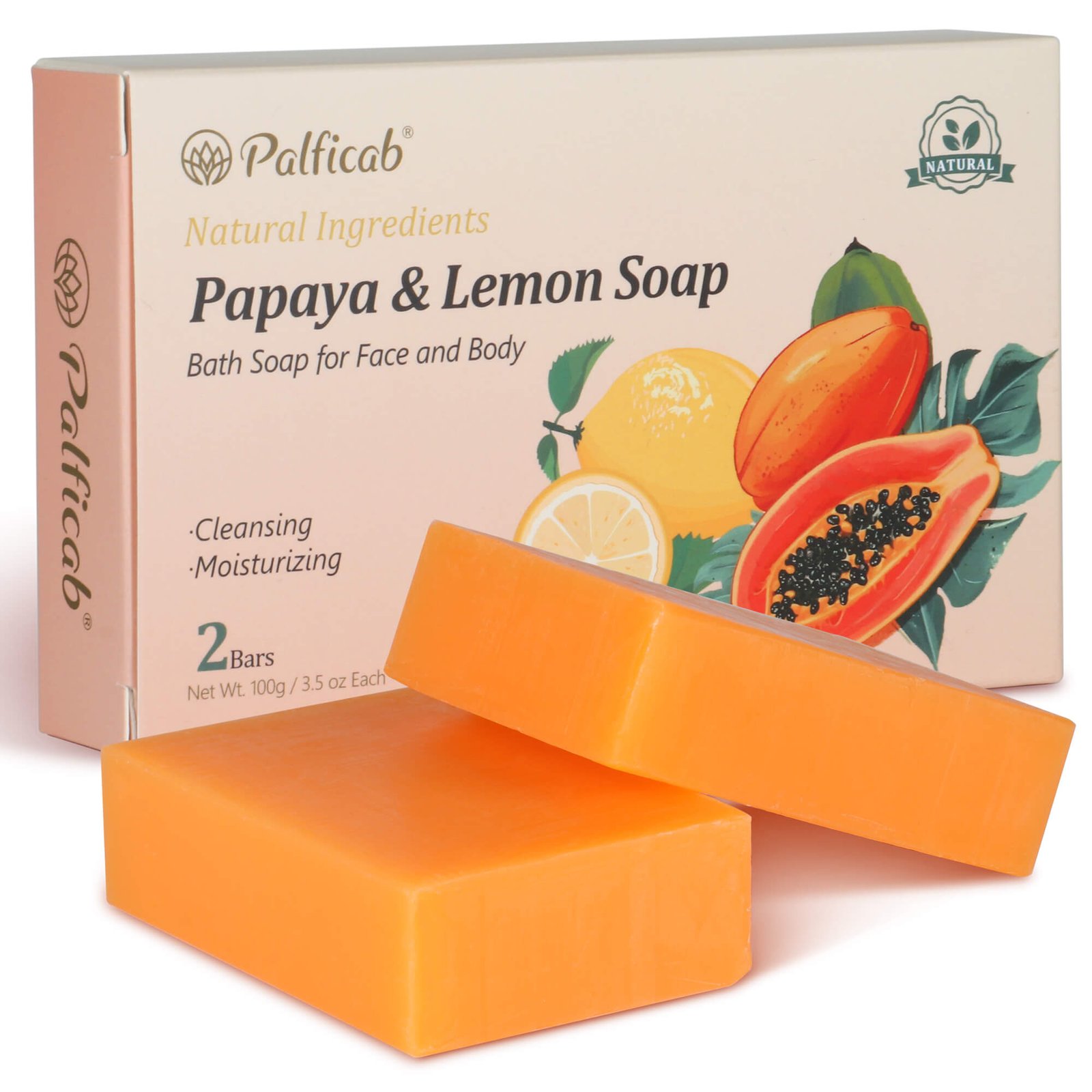 PALFICAB Papaya Lemon Soap – Exfoliating & Brightening Natural Bar (2 Bars + Net)