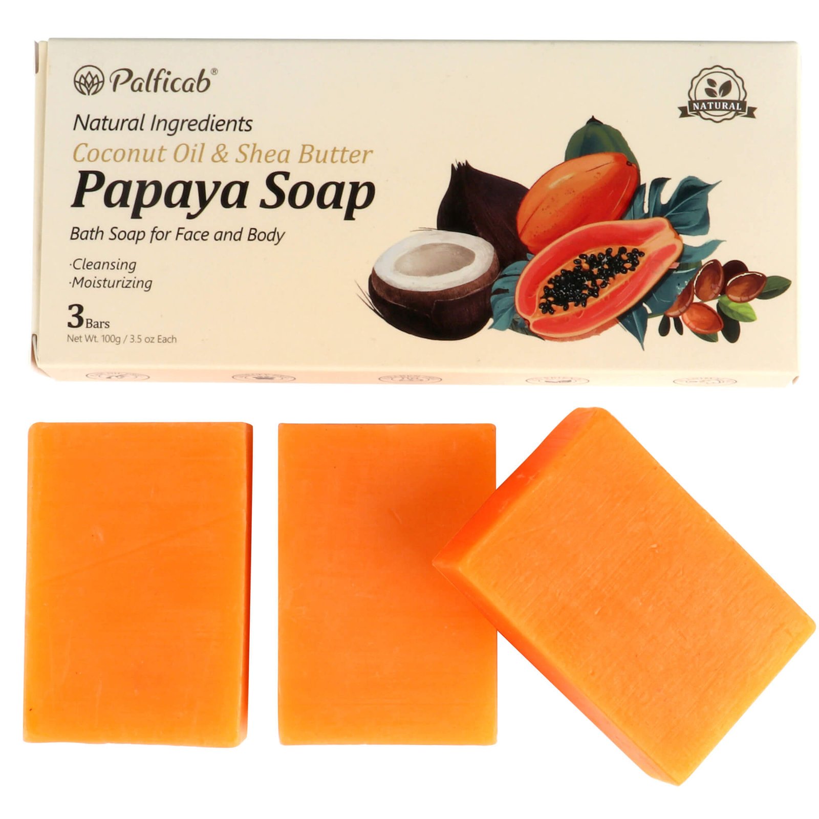 PALFICAB Papaya Soap – Exfoliating & Moisturizing Face & Body Bar (3 Bars + Net)