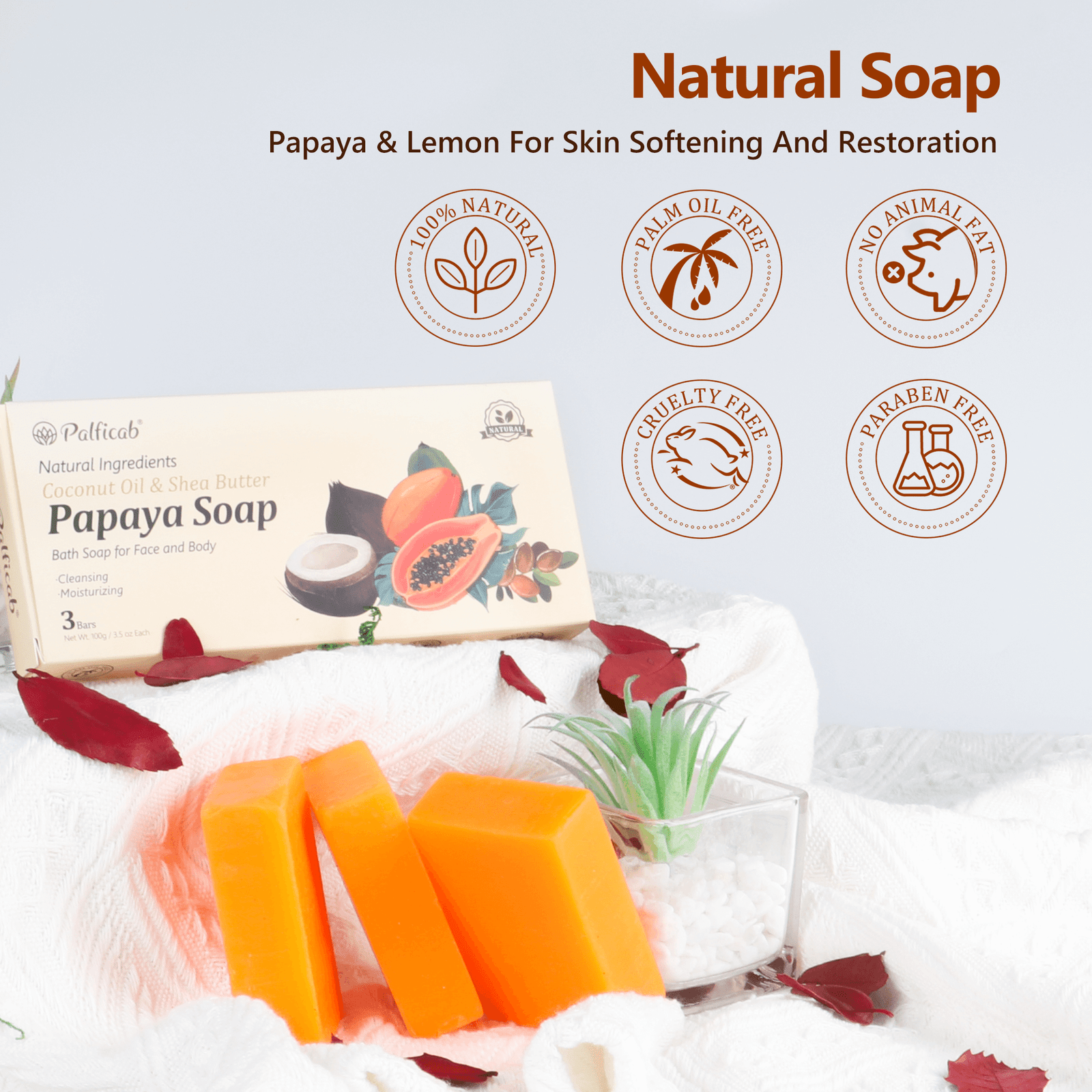 PALFICAB Papaya Soap – Exfoliating & Moisturizing Face & Body Bar (3 Bars + Net)