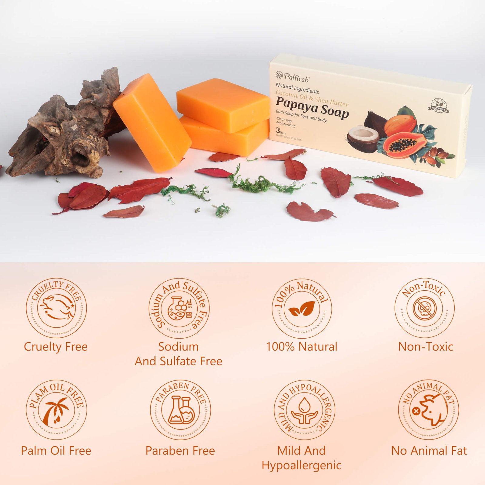 PALFICAB Papaya Soap – Exfoliating & Moisturizing Face & Body Bar (3 Bars + Net)