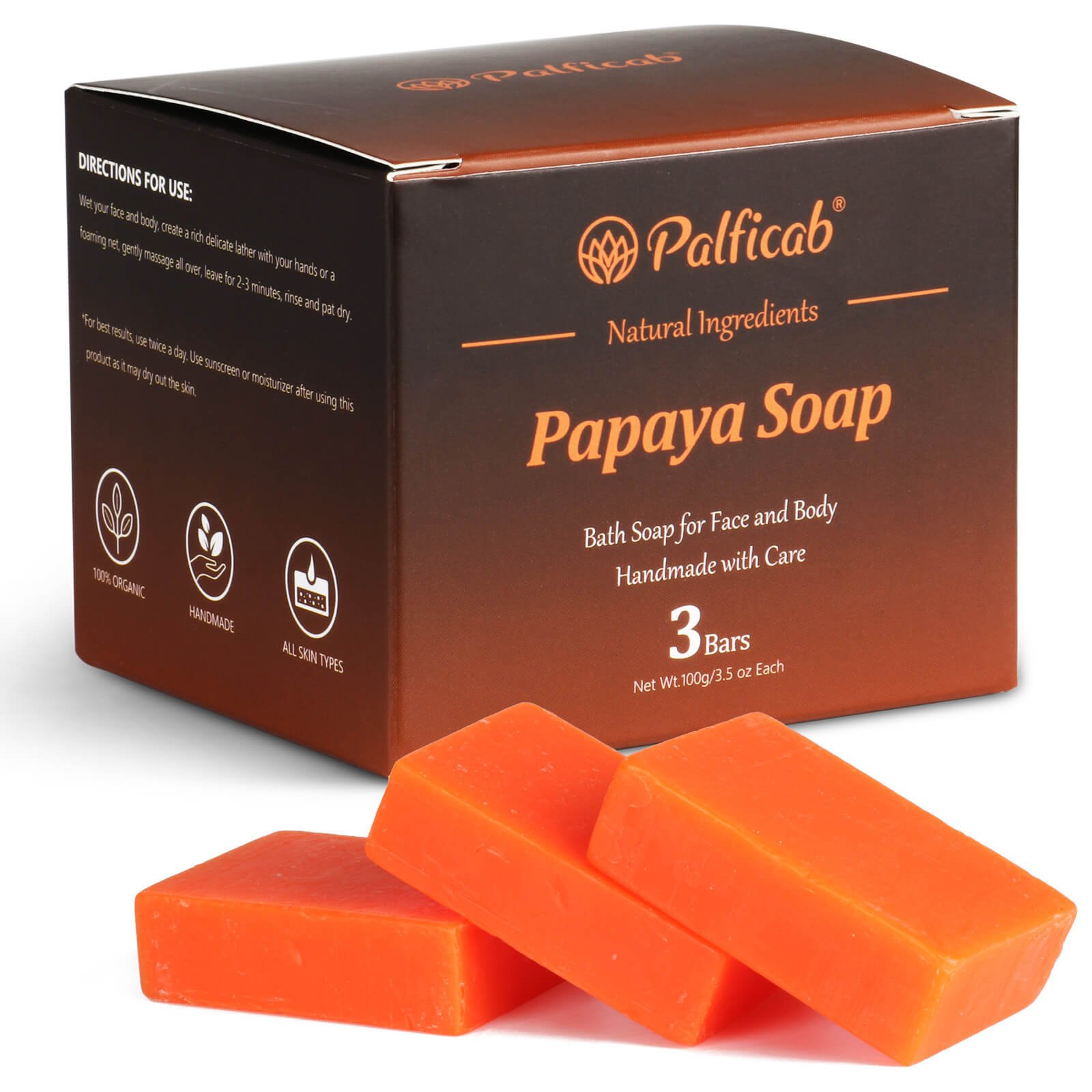 PALFICAB Papaya Soap – Exfoliating & Moisturizing Natural Bar (3 Bars + Net)