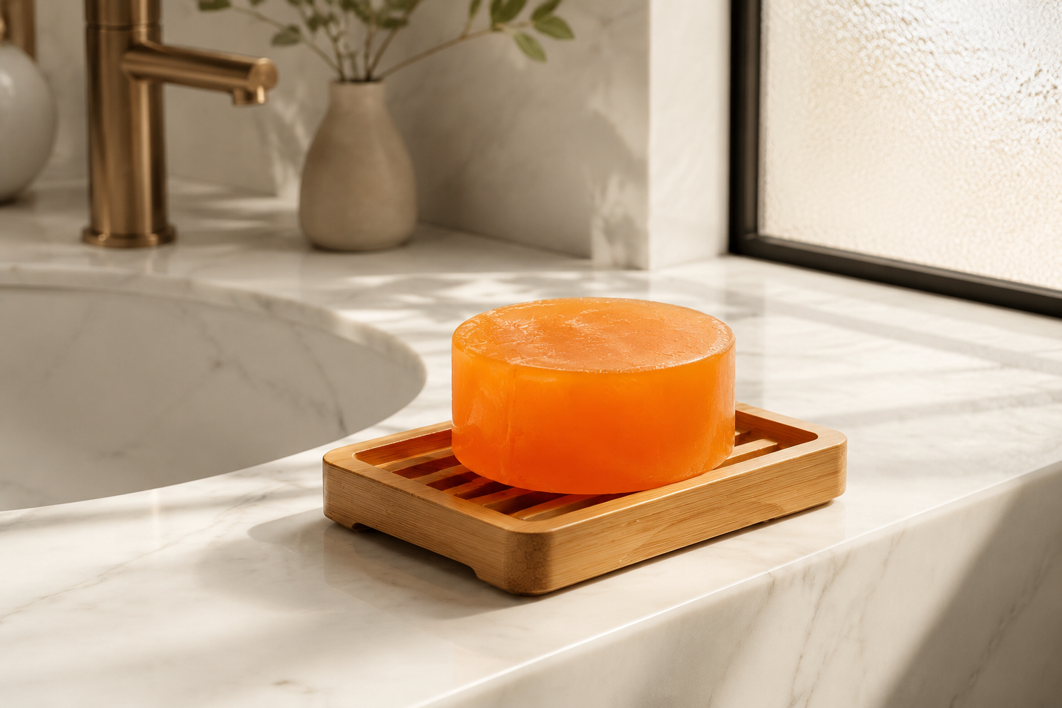 Translucent orange 120g persimmon deodorant soap resting on a bamboo dish in a modern, minimalist bathroom setting.
