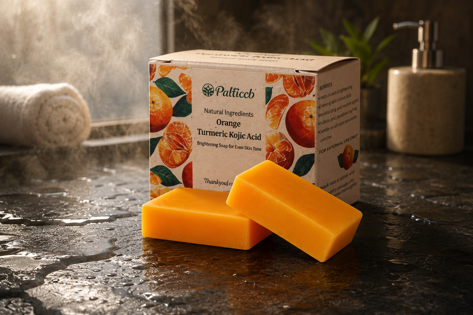 PALFICAB Kojic Acid Turmeric Soap bars on a luxurious slate bathroom counter, showcasing natural brightening skincare