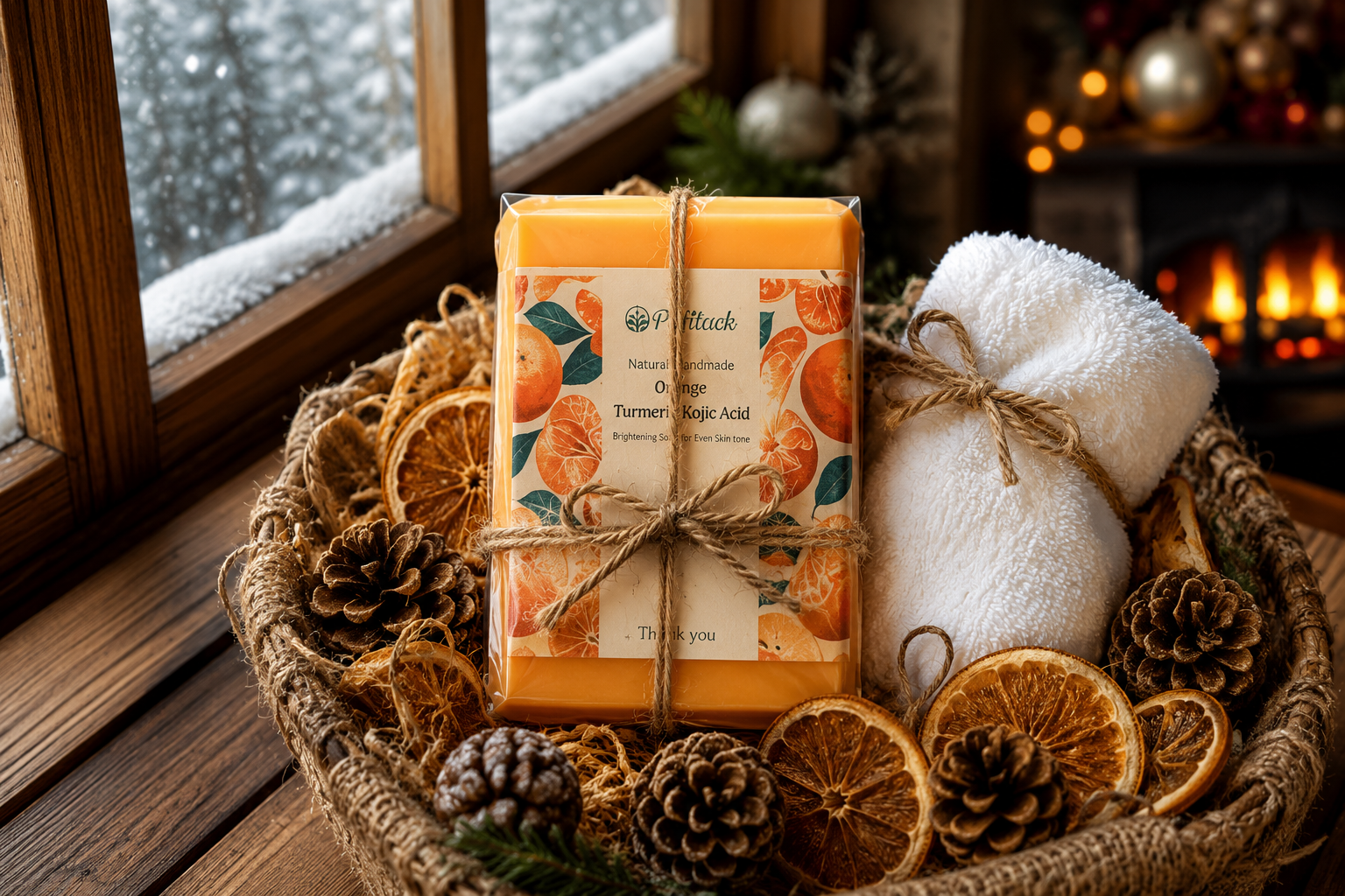 PALFICAB Brightening Soap beautifully packaged in a holiday gift basket with pine cones and dried oranges, perfect for skincare gifting