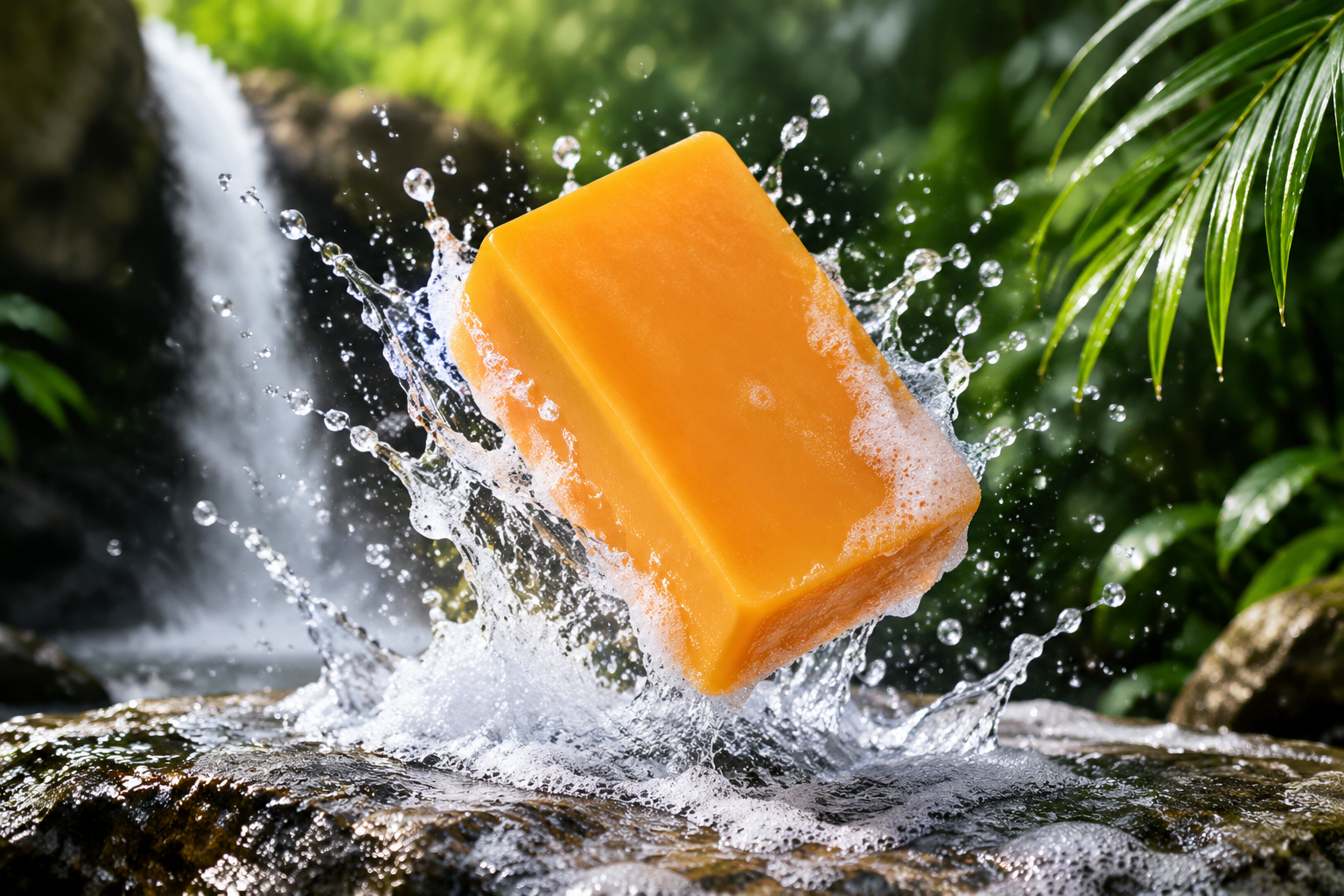 Refreshing splash of clear water and foam on a Kojic Acid Turmeric Soap bar in a lush tropical environment.