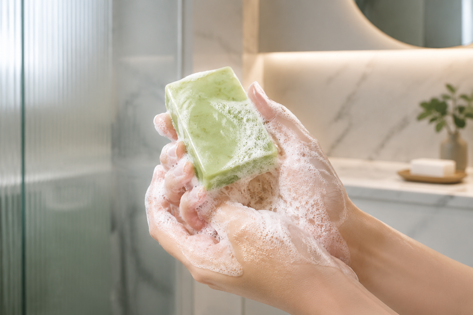 Hands creating rich lather with a hypoallergenic green tea soap bar in a modern bathroom