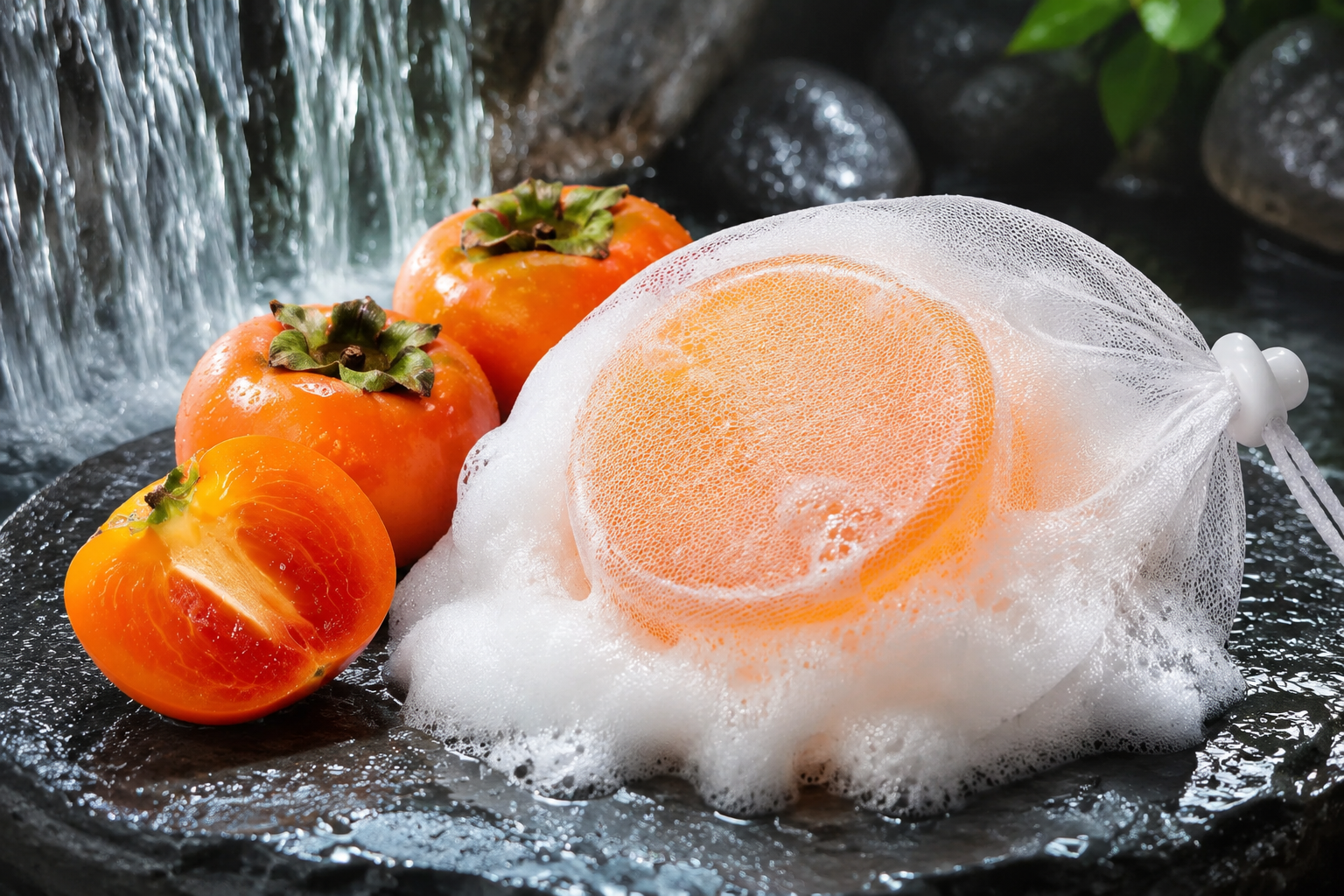 Palficab persimmon soap bar producing a rich, luxurious white lather inside a foaming net under a fresh shower stream.