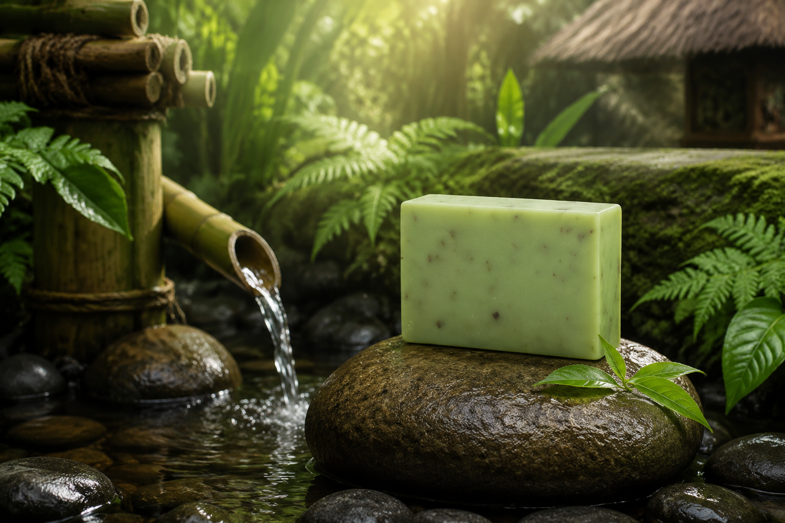 Light green tea soap bar resting on a spa stone surrounded by tropical plants