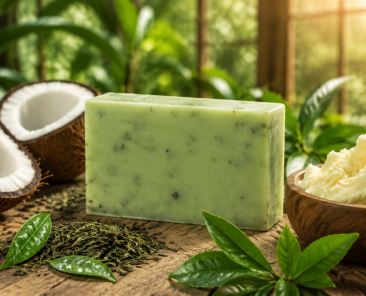 Natural skincare ingredients including coconut, shea butter, and a green tea soap bar