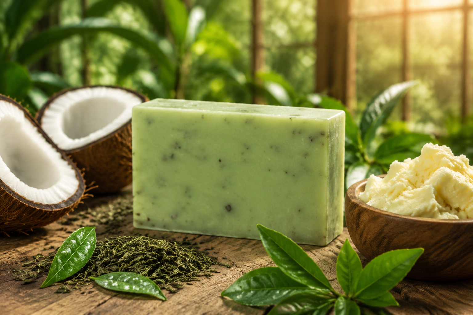 Natural skincare ingredients including coconut, shea butter, and a green tea soap bar