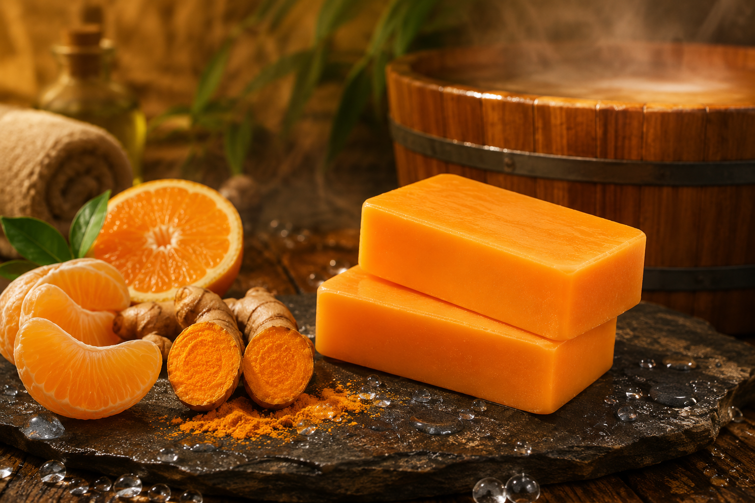Two bars of bright orange Kojic Acid Turmeric Soap in a relaxing luxury spa setting with fresh citrus and turmeric roots.