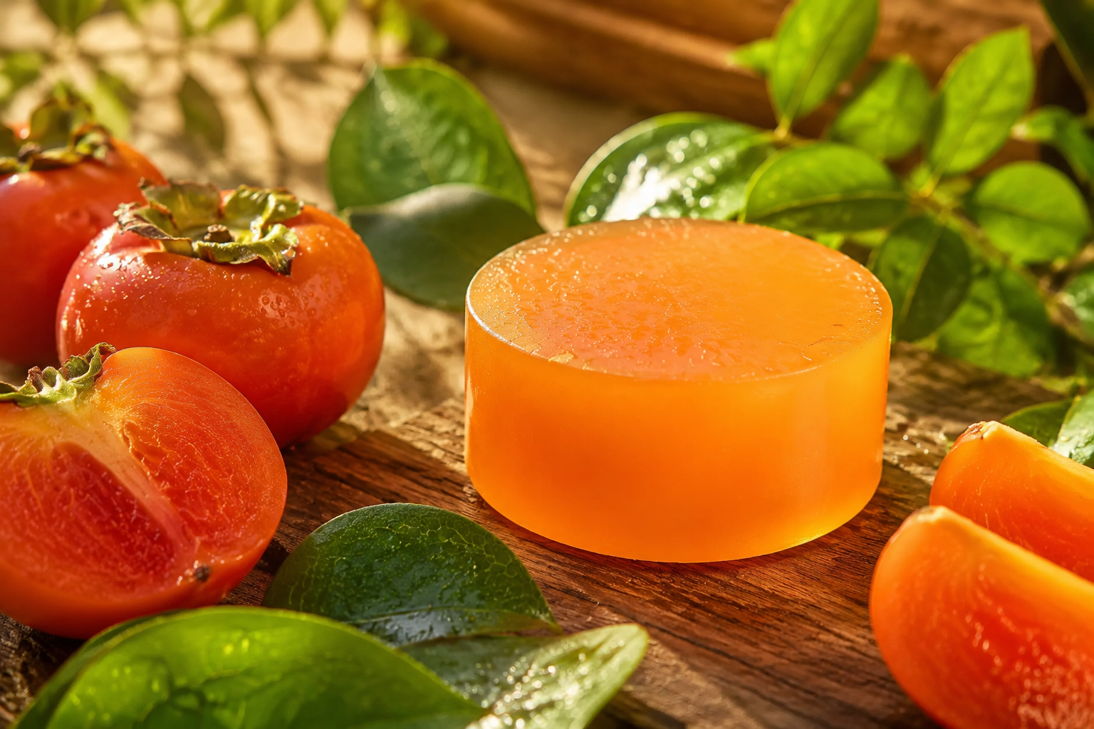 Natural round persimmon soap bar displayed with fresh sliced persimmons and green botanical leaves in warm sunlight.