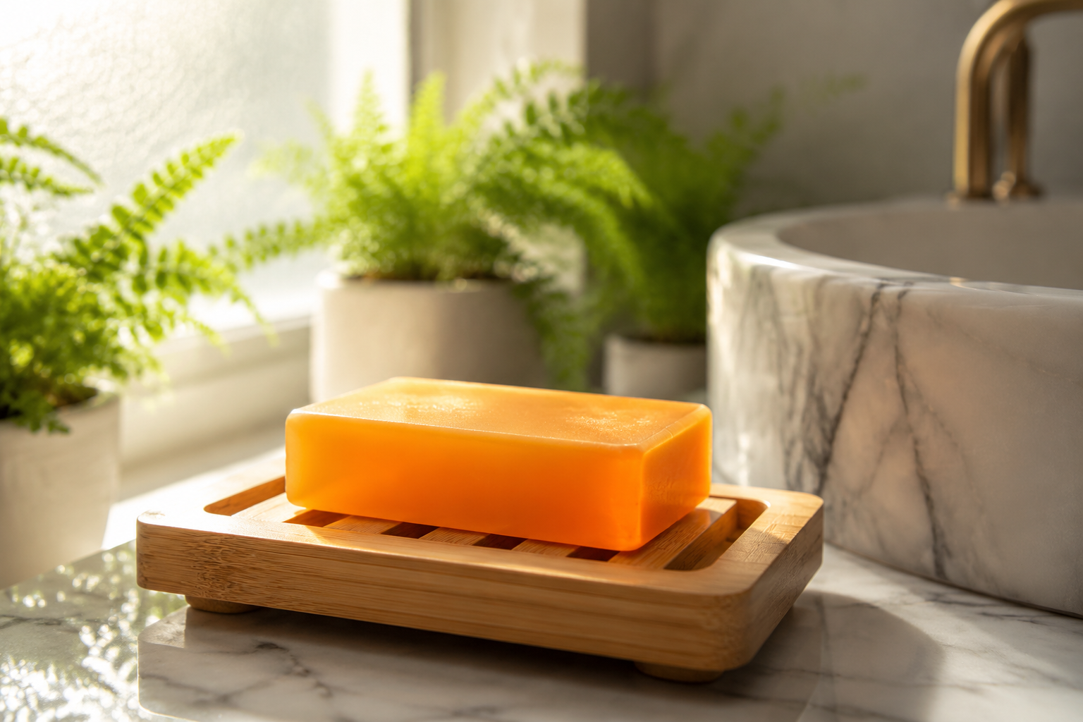 Kojic Acid Turmeric Soap resting on a bamboo dish in a beautifully lit modern bathroom setting.