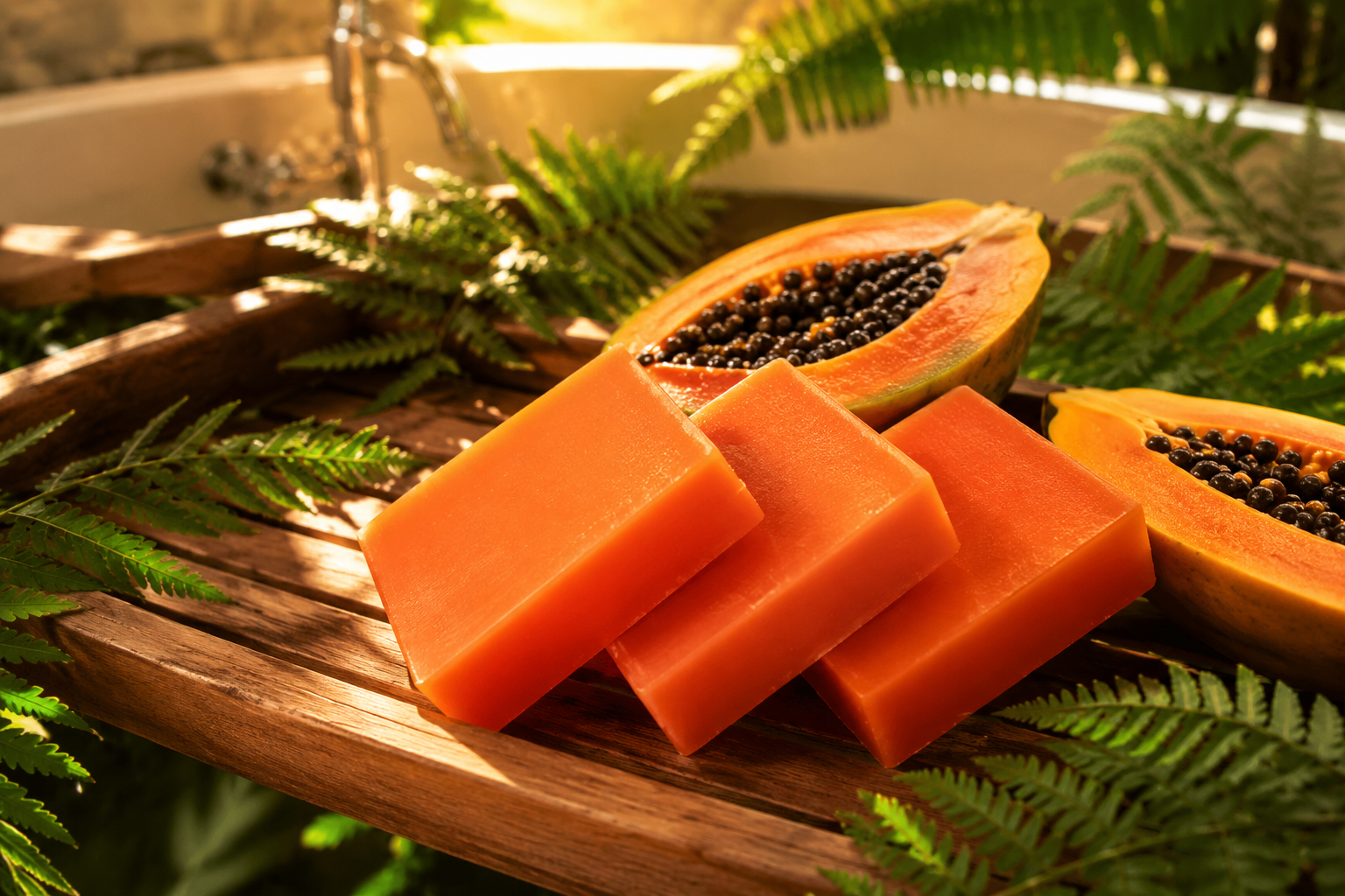 Vibrant orange vegan papaya soap bars elegantly displayed on a wooden bath tray with fresh papaya halves and tropical leaves, illustrating natural skincare aesthetics.