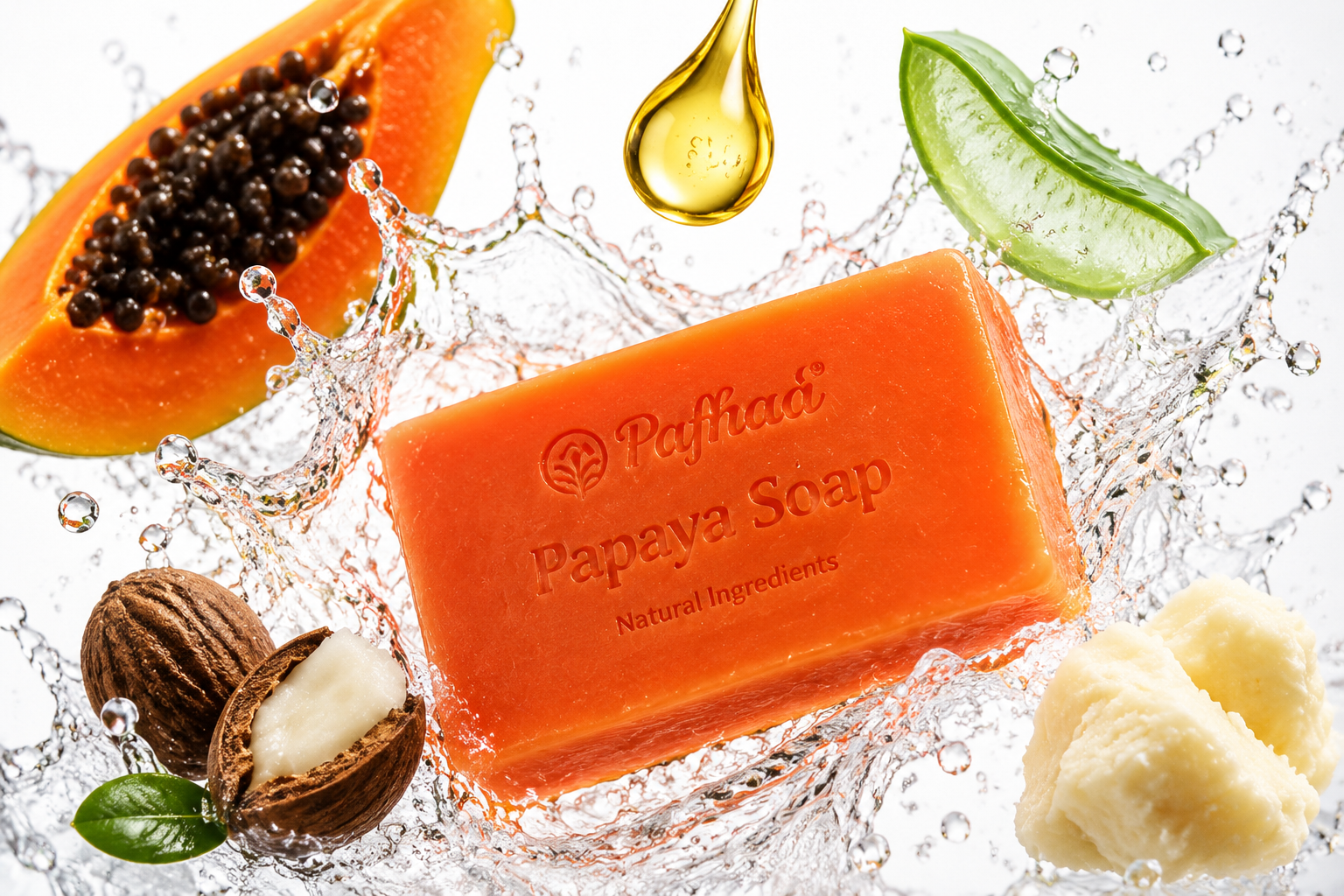 Dynamic macro splash of water over a vegan orange soap bar surrounded by natural ingredients like aloe vera, shea butter, and papaya slices.