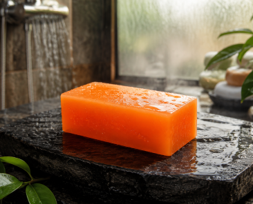 Vibrant orange natural exfoliating and moisturizing face and body bar resting on a wet slate in a luxurious spa shower setting