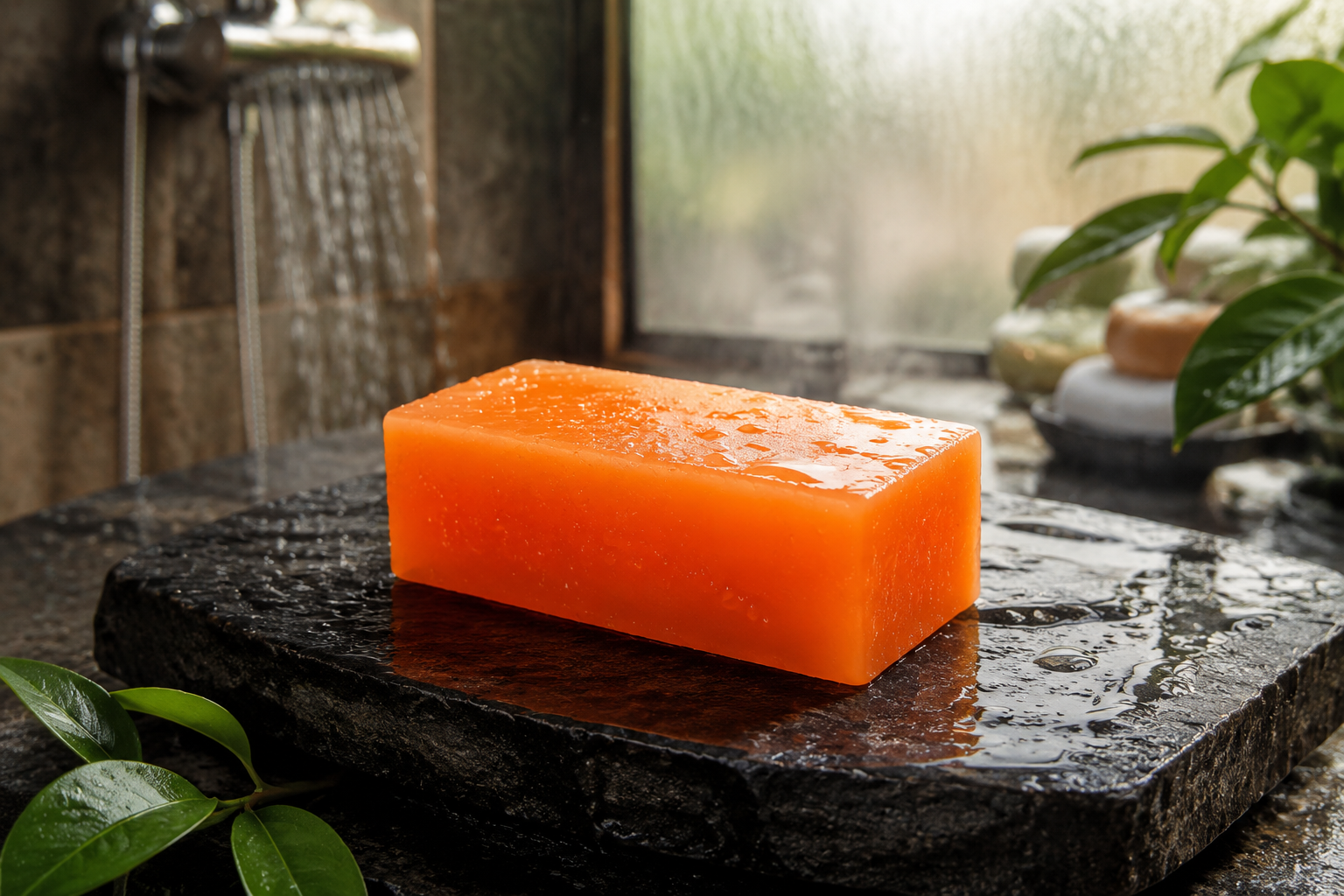 Vibrant orange natural exfoliating and moisturizing face and body bar resting on a wet slate in a luxurious spa shower setting