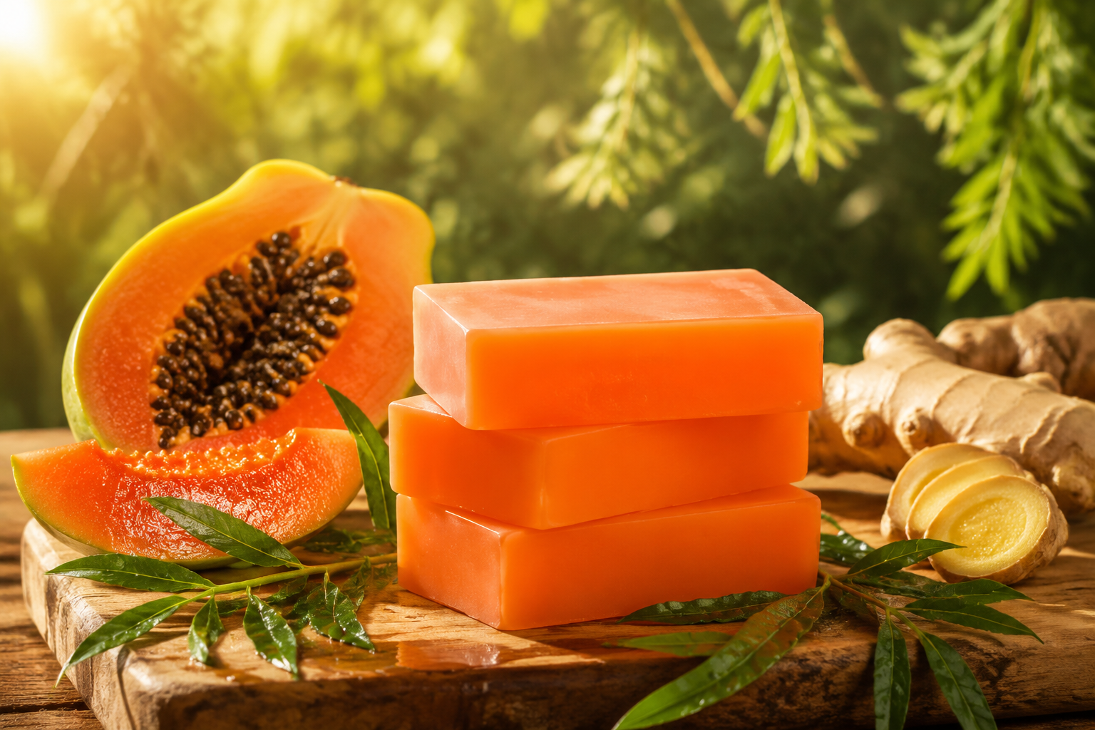 Orange papaya soap bar surrounded by fresh papaya slices, ginger root, and tea tree leaves on a rustic wooden board