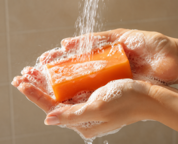 Close up of an orange natural body soap bar creating a rich, creamy lather in hands under warm running water