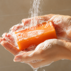 Close up of an orange natural body soap bar creating a rich, creamy lather in hands under warm running water