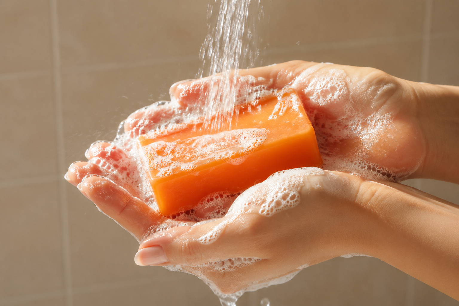 Close up of an orange natural body soap bar creating a rich, creamy lather in hands under warm running water