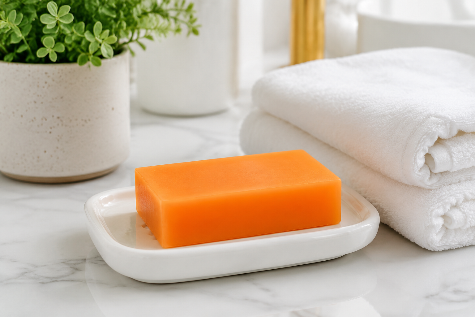 Natural orange papaya soap bar on a white ceramic dish next to a plush white towel in a clean, bright bathroom