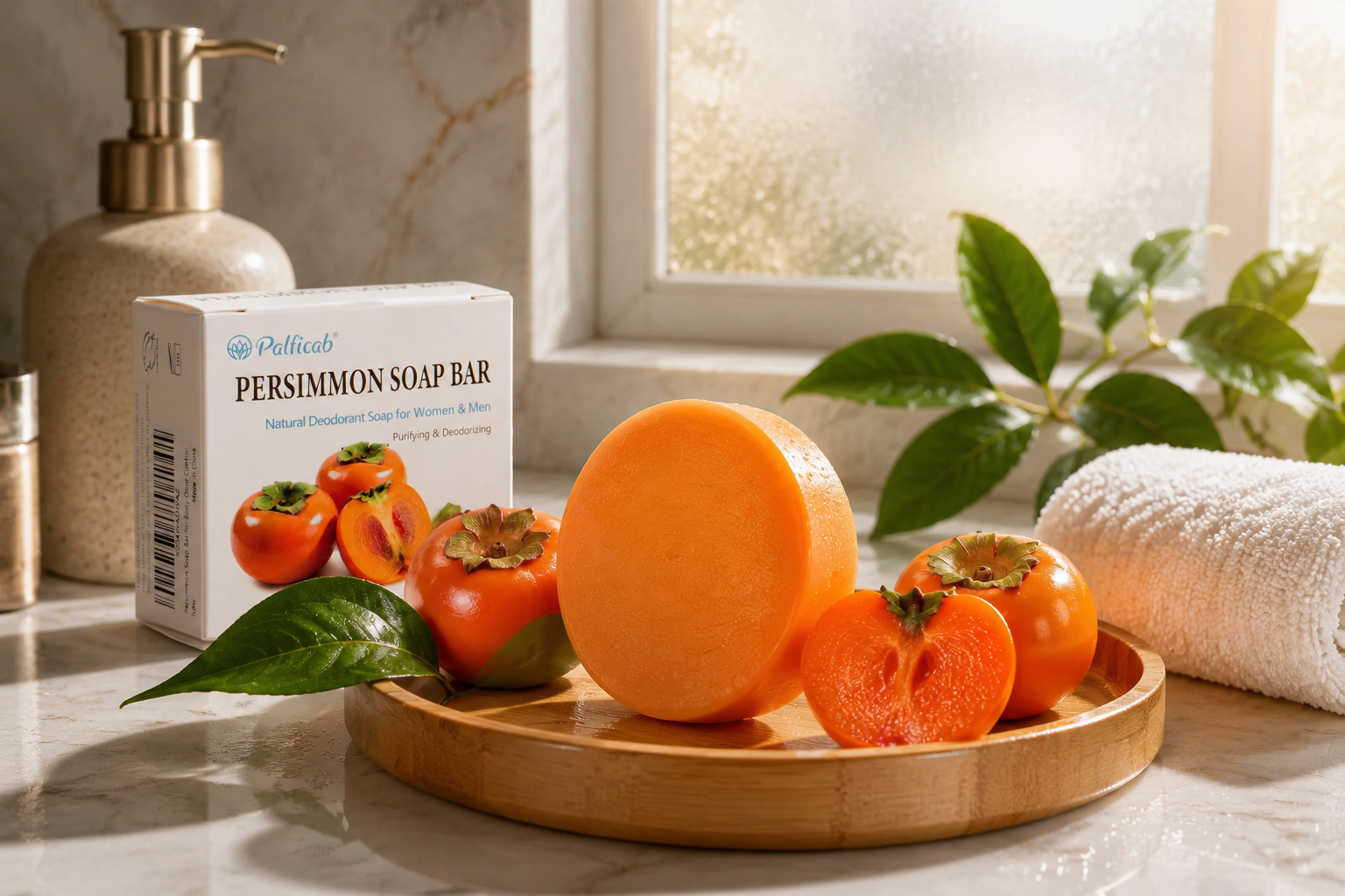 Natural round orange persimmon deodorant soap resting on a bamboo tray with fresh persimmons, highlighting its organic botanical ingredients for odor control.