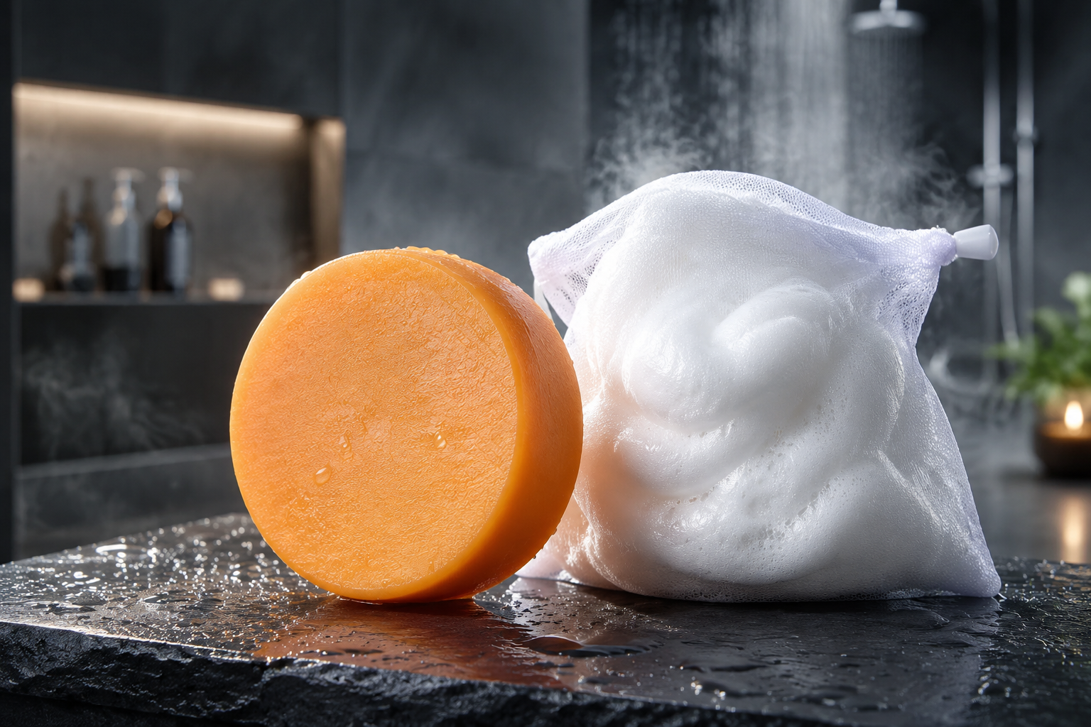 Palficab round orange persimmon soap bar producing a rich, dense lather using the included white foaming net in a steamy, modern shower setting.