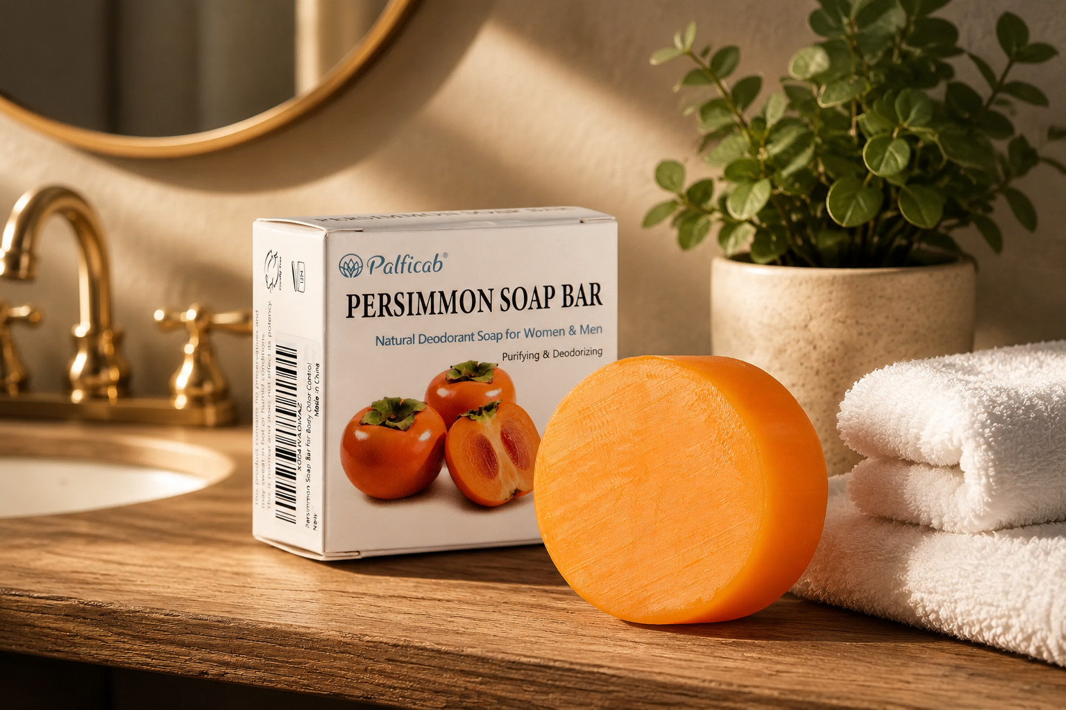 Palficab persimmon soap bar and its elegant white packaging box displayed on a wooden bathroom shelf, making it a perfect thoughtful gift for elderly skincare.