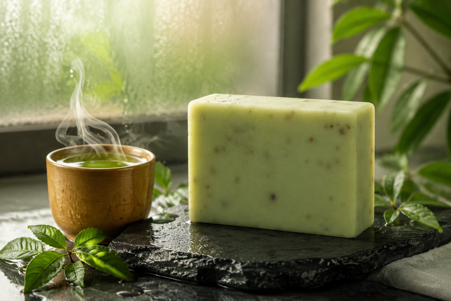 Cold-processed green tea soap bar resting on a slate stone in a natural spa setting