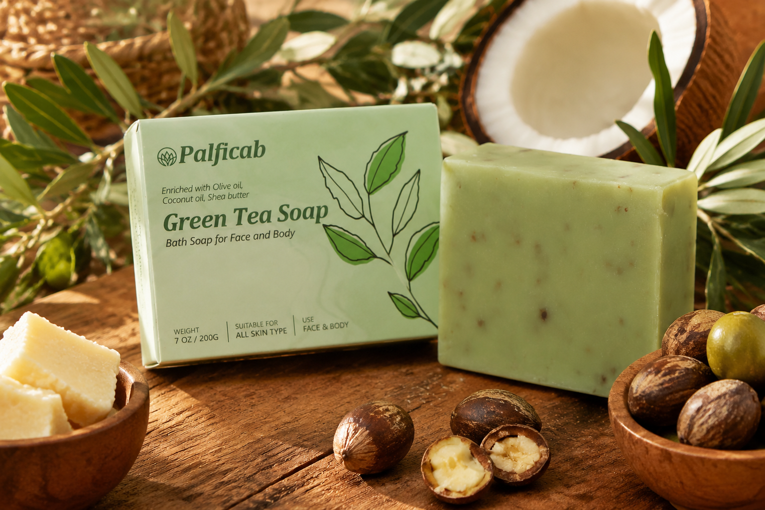 Palficab green tea soap bar and elegant packaging displayed on a wooden vanity with natural botanical ingredients