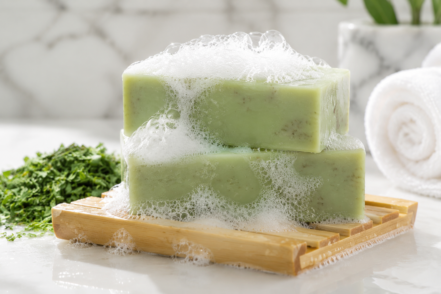 Rich, creamy lather forming on a natural green tea soap bar placed on a bamboo soap dish